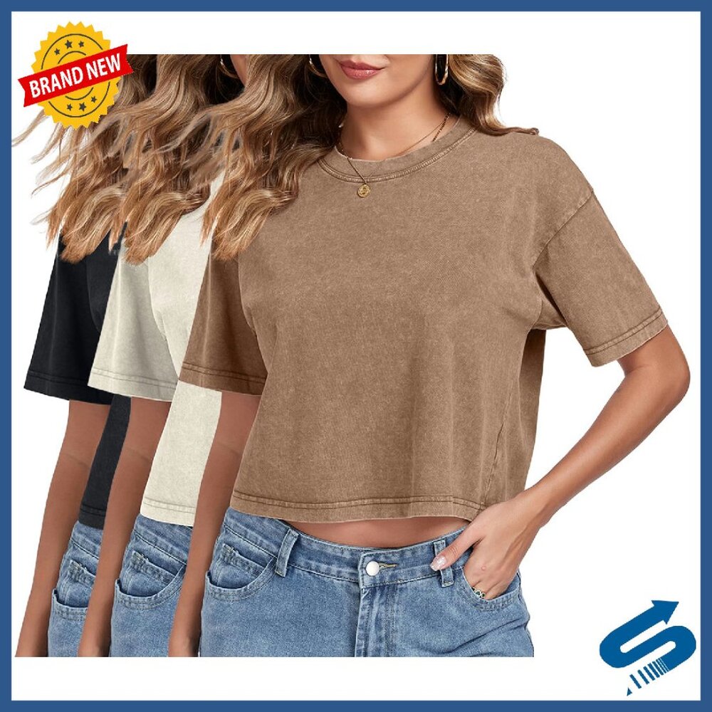 Acid Wash Crop Top Tee - Soft Cotton Summer Shirt - Baggy Fit